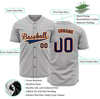 Custom gray baseball jersey with orange lettering and navy blue outline