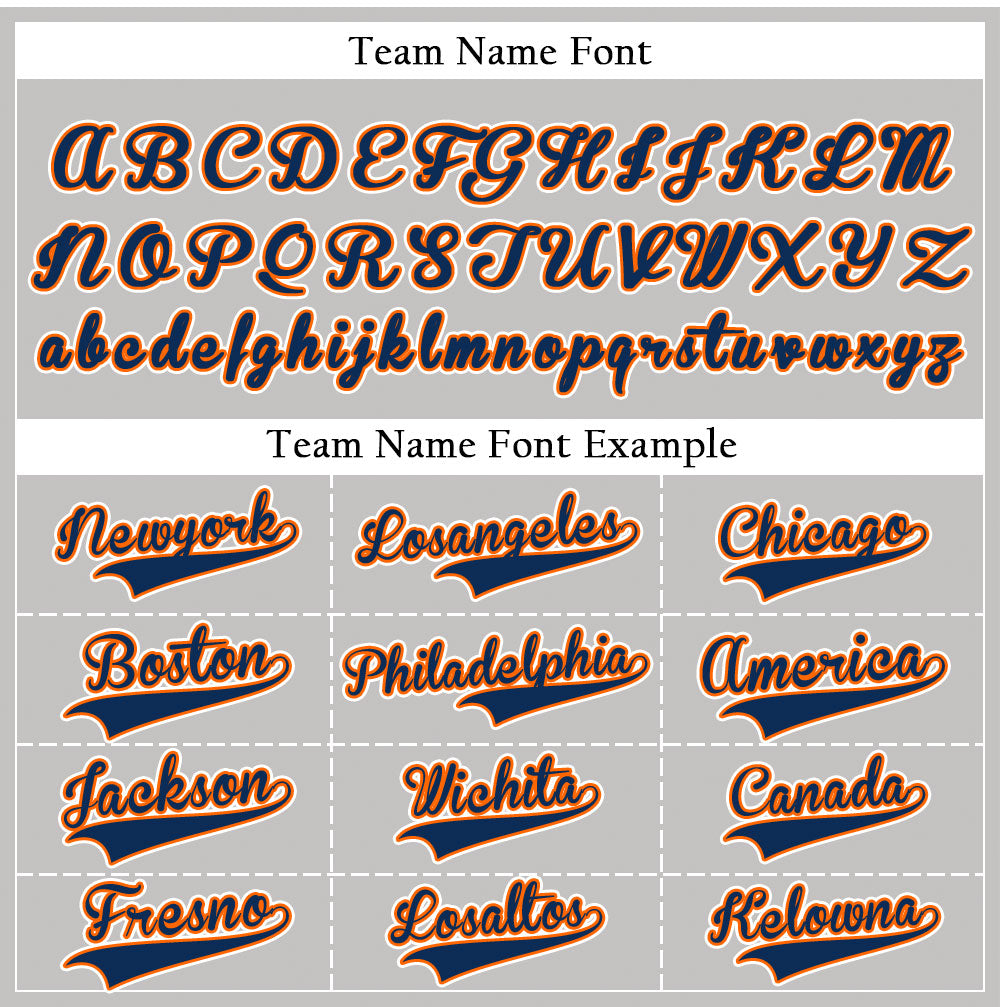 Custom gray baseball jersey with orange lettering and navy blue outline