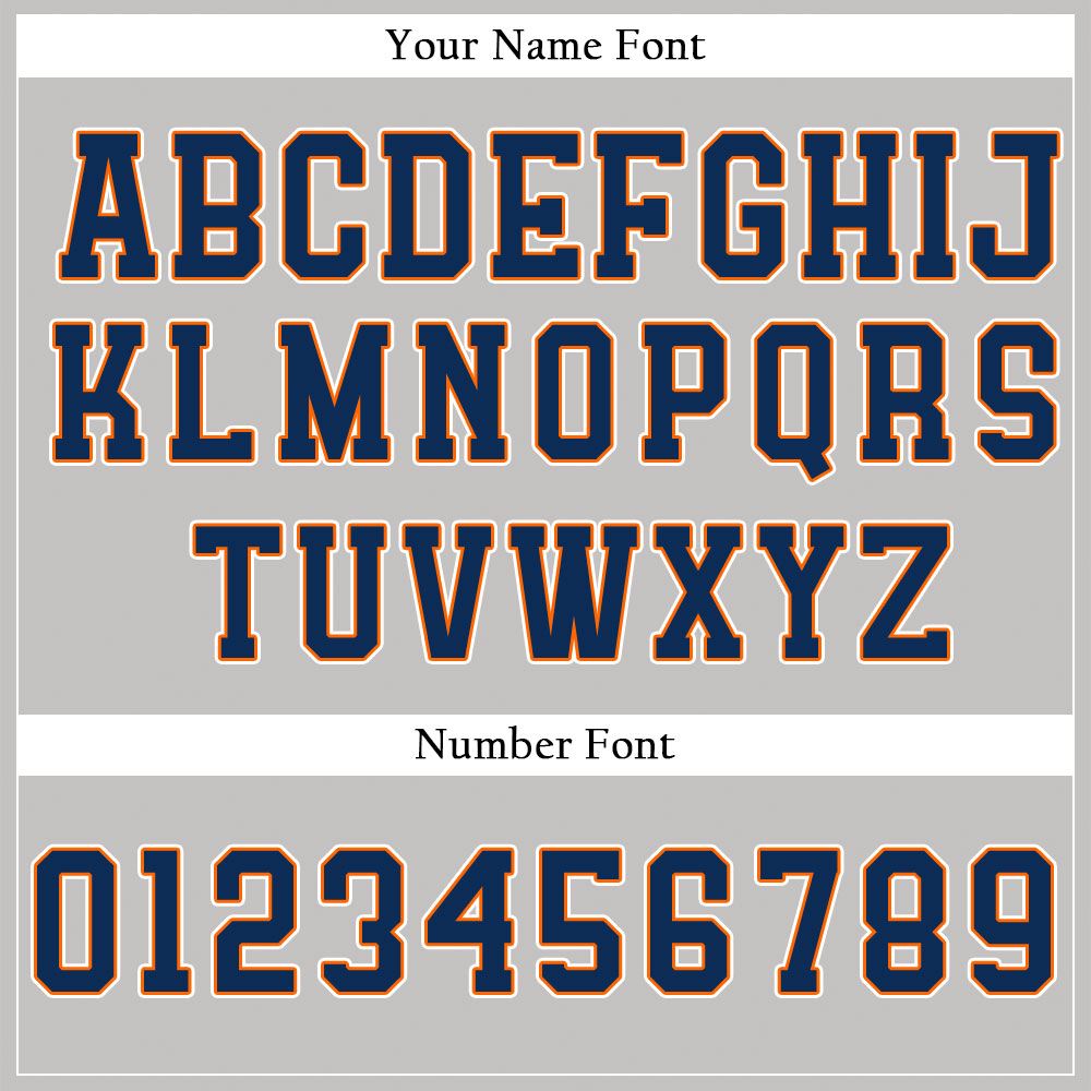Custom gray baseball jersey with orange lettering and navy blue outline
