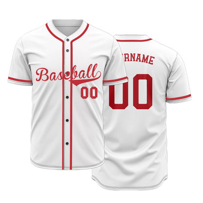 Individuelles, einfarbiges weißes Baseballtrikot mit roter Zierlinie auf der Knopfleiste