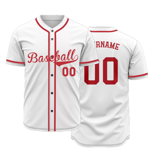 Custom solid white baseball jersey with red decorative line on the placket