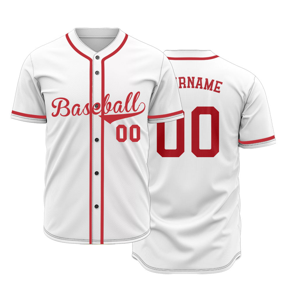 Custom solid white baseball jersey with red decorative line on the placket