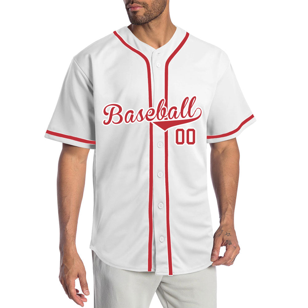 Individuelles, einfarbiges weißes Baseballtrikot mit roter Zierlinie auf der Knopfleiste