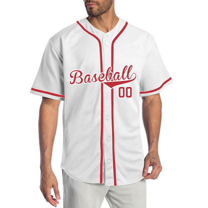 Individuelles, einfarbiges weißes Baseballtrikot mit roter Zierlinie auf der Knopfleiste