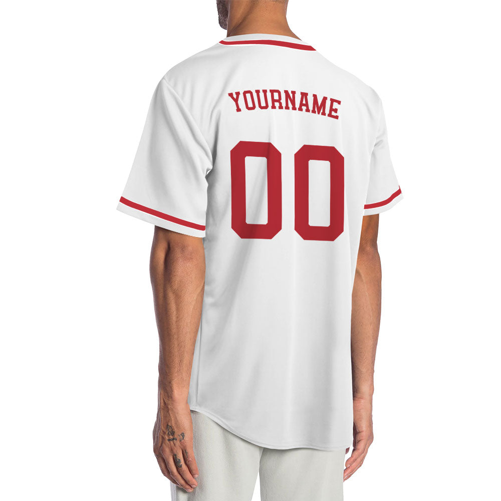 Individuelles, einfarbiges weißes Baseballtrikot mit roter Zierlinie auf der Knopfleiste