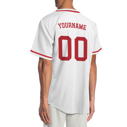 Individuelles, einfarbiges weißes Baseballtrikot mit roter Zierlinie auf der Knopfleiste