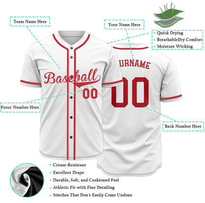 Individuelles, einfarbiges weißes Baseballtrikot mit roter Zierlinie auf der Knopfleiste