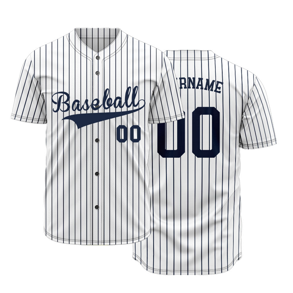 Custom Baseball Jersey with Navy Blue Stripes and Solid White Base
