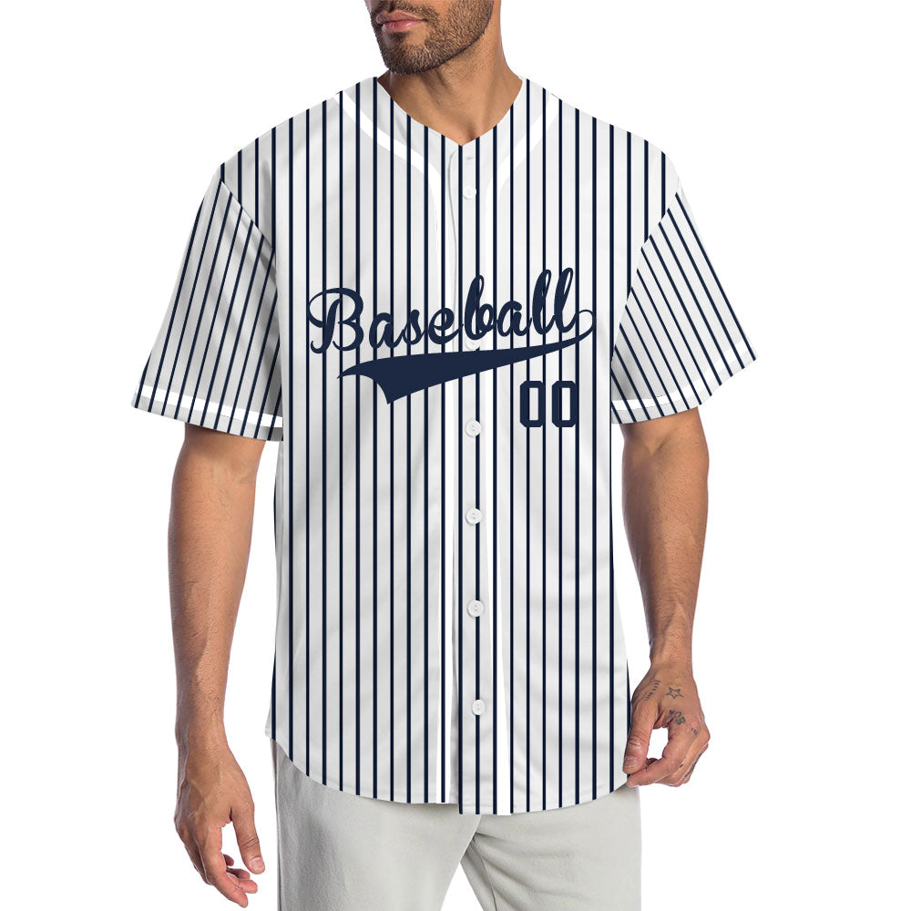 Custom Baseball Jersey with Navy Blue Stripes and Solid White Base