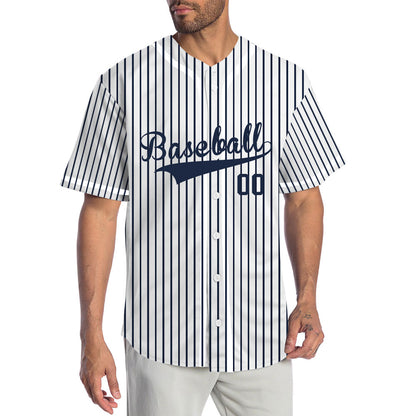 Custom Baseball Jersey with Navy Blue Stripes and Solid White Base