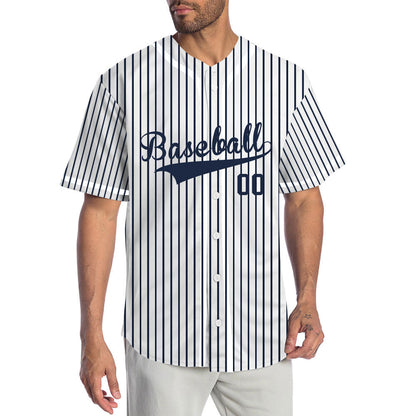 Custom Baseball Jersey with Navy Blue Stripes and Solid White Base