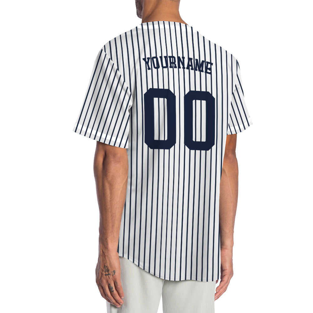 Custom Baseball Jersey with Navy Blue Stripes and Solid White Base