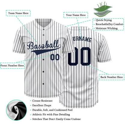Custom Baseball Jersey with Navy Blue Stripes and Solid White Base