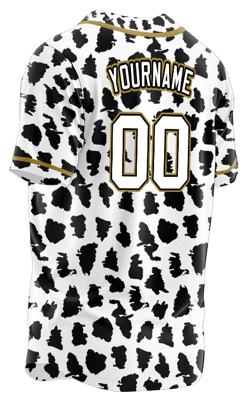 Custom Black And White Leopard Gold Edge Baseball Jersey