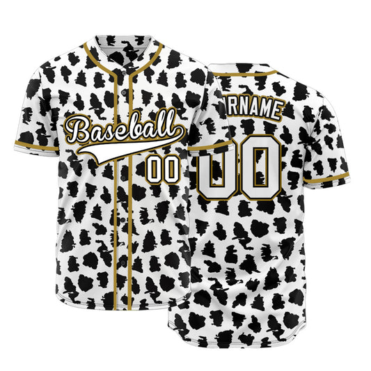 Custom Black And White Leopard Gold Edge Baseball Jersey