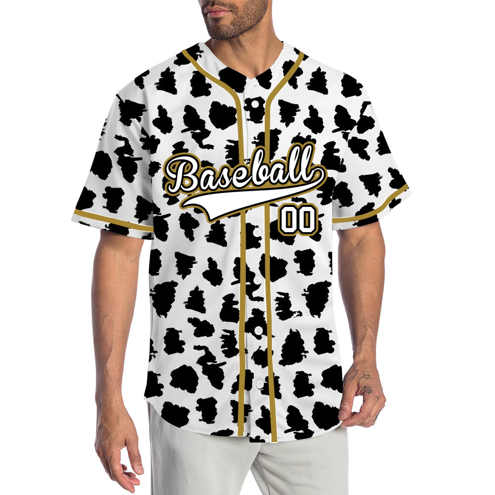 Custom Black And White Leopard Gold Edge Baseball Jersey