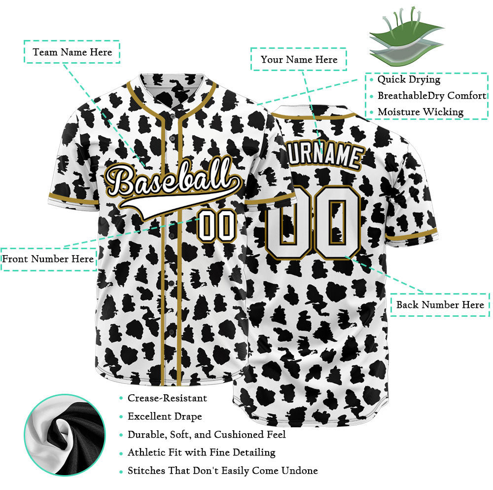 Custom Black And White Leopard Gold Edge Baseball Jersey