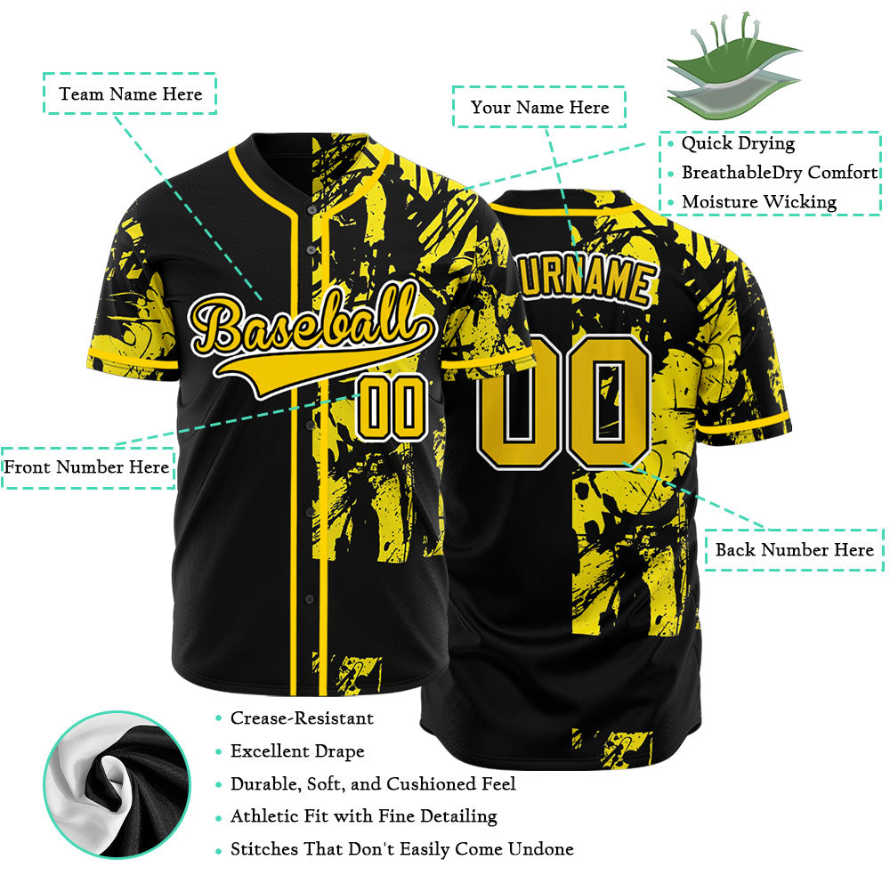 Custom Black And Yellow Ink Baseball Jersey