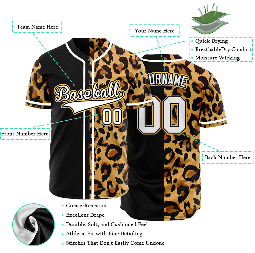 Custom Black Leopard Yellow Edge Baseball Jersey