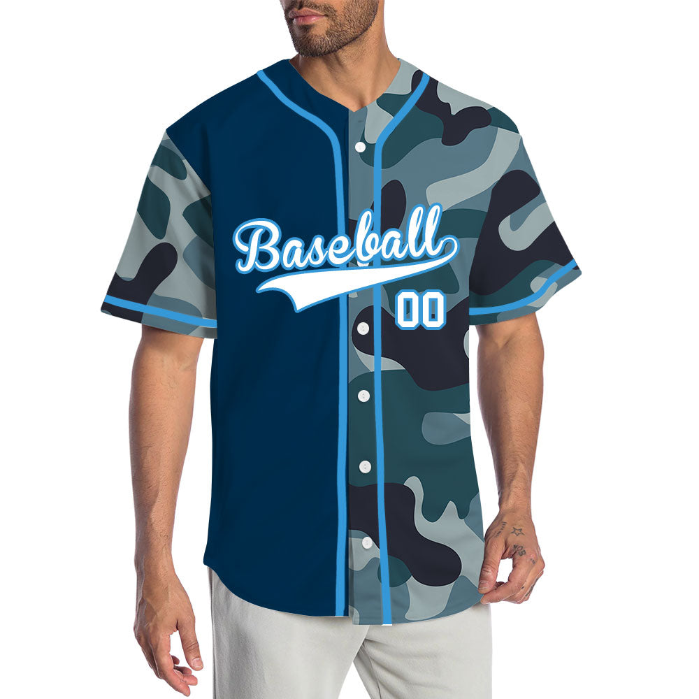 Custom Blue Camouflage Half Blue Baseball Jersey