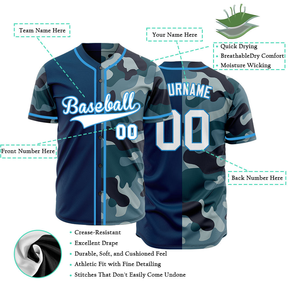 Custom Blue Camouflage Half Blue Baseball Jersey