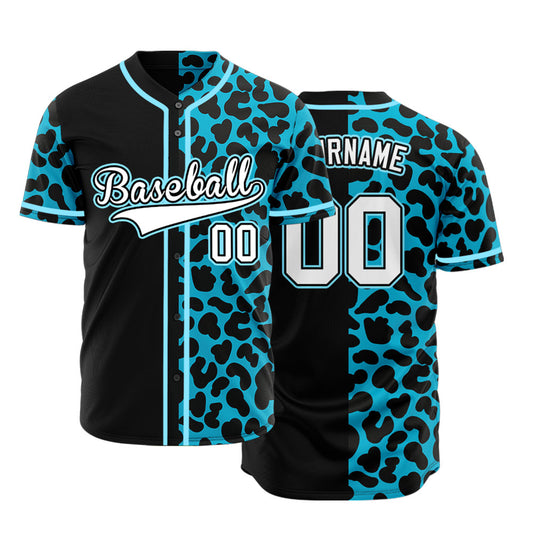 Custom Blue Leopard With Half Black Baseball Jersey
