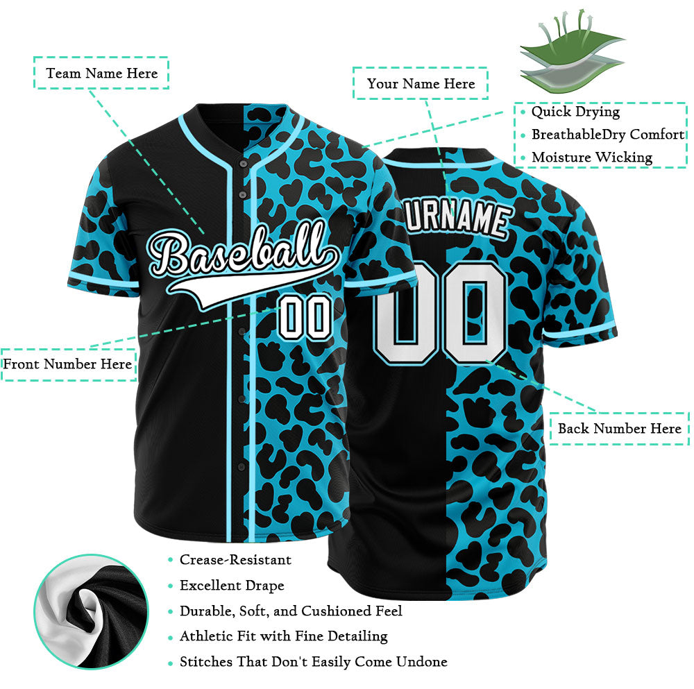 Custom Blue Leopard With Half Black Baseball Jersey
