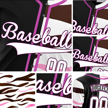 Custom Brown And Pink Stripes Half Black Baseball Jersey