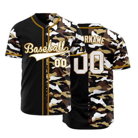 Custom Brown White Camouflage Half Black Baseball Jersey