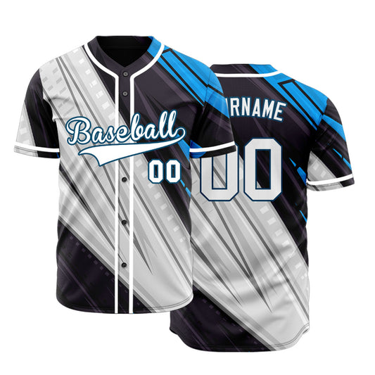 Custom Black Blue Grey Lines Half Baseball Jersey