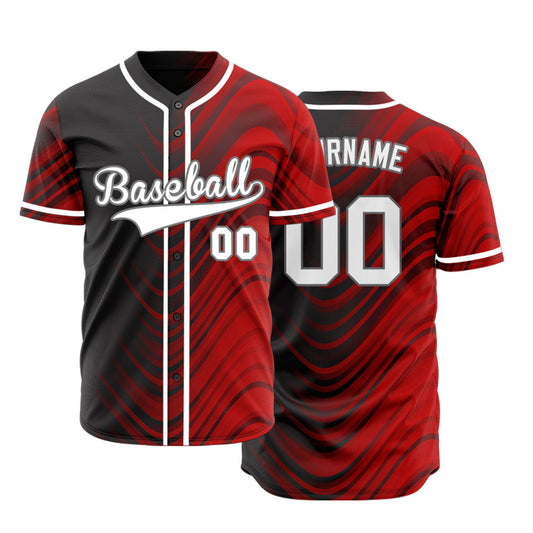 Custom Black Red Gradient Wave Half Baseball Jersey
