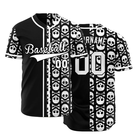 Custom Black Up And Down Skull Half Baseball Jersey