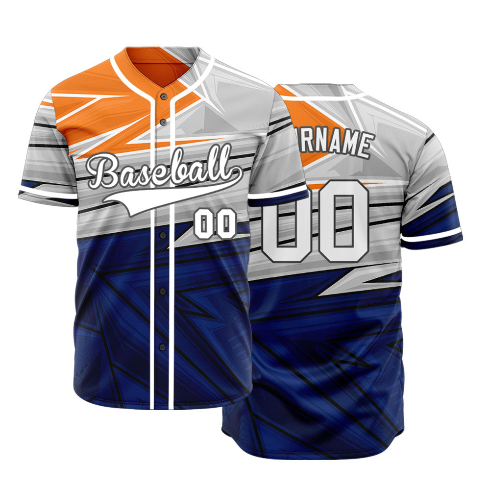 Custom Blue Grey Orange Lines Half Baseball Jersey
