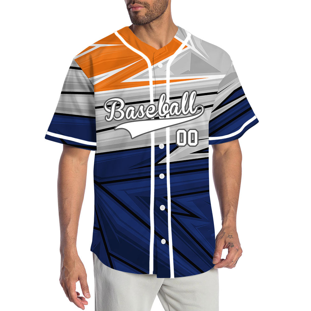 Custom Blue Grey Orange Lines Half Baseball Jersey