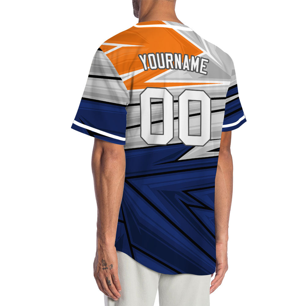 Custom Blue Grey Orange Lines Half Baseball Jersey
