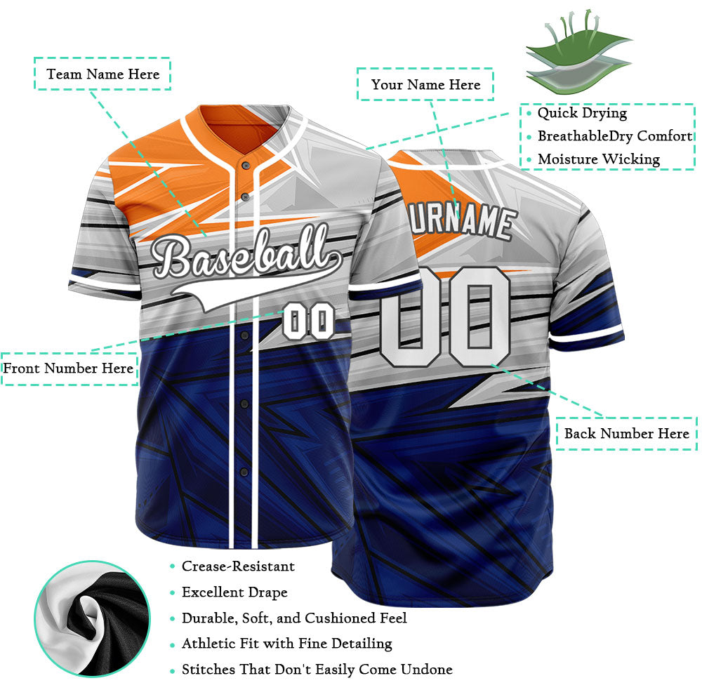 Custom Blue Grey Orange Lines Half Baseball Jersey