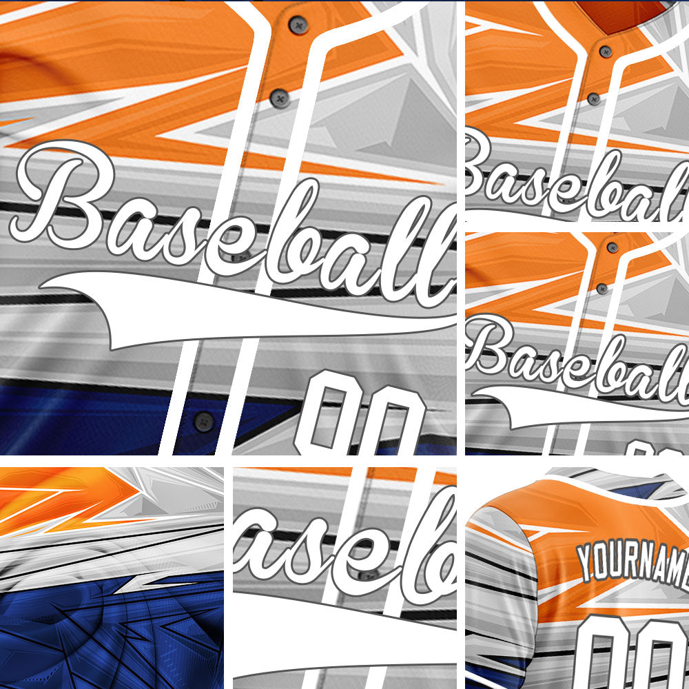 Custom Blue Grey Orange Lines Half Baseball Jersey