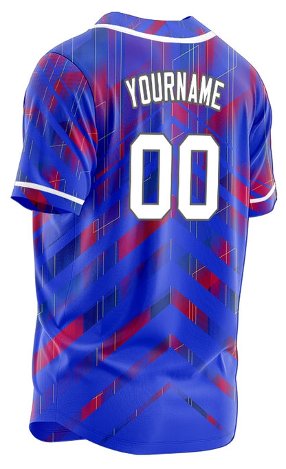 Custom Blue Red Triangle Lines Half Baseball Jersey