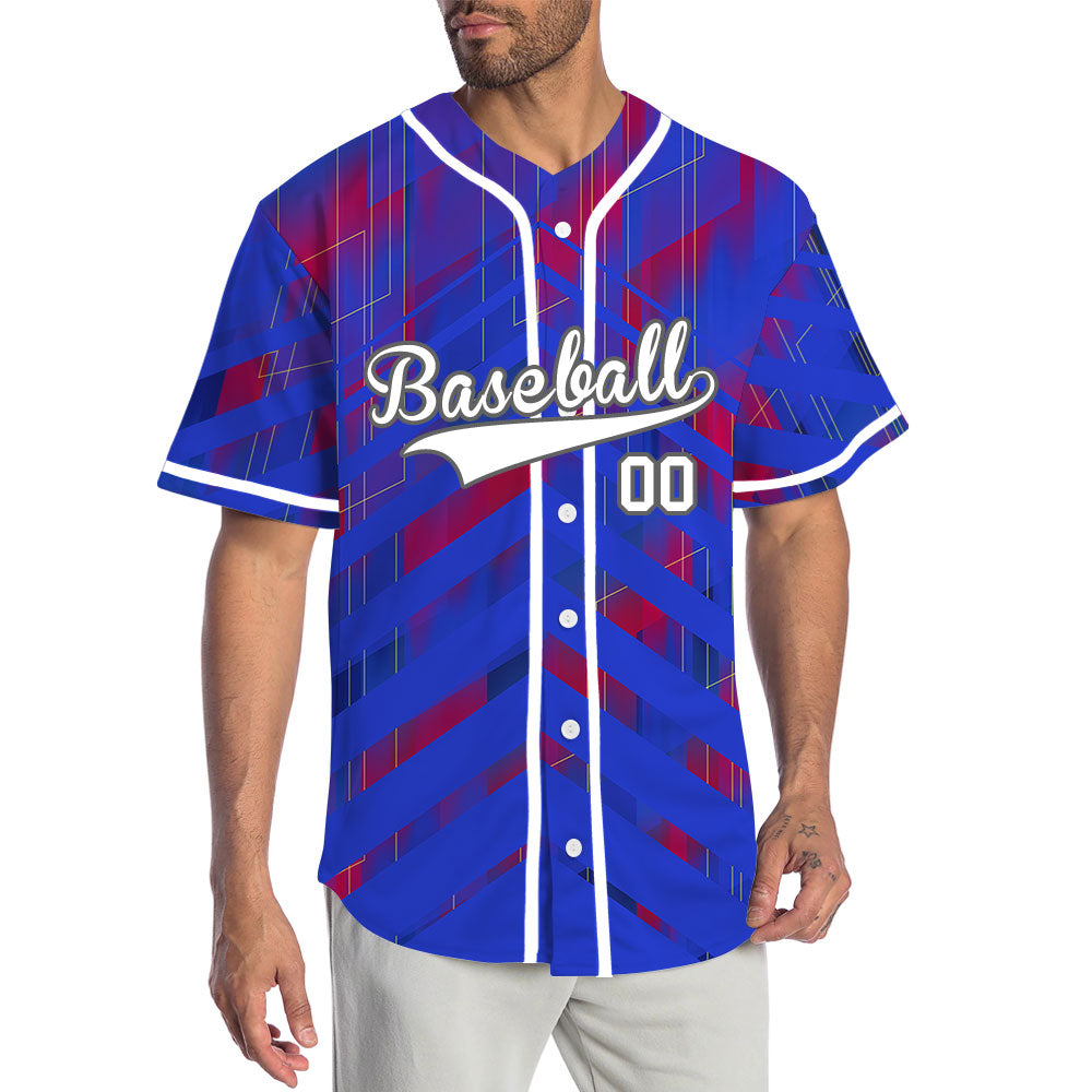 Custom Blue Red Triangle Lines Half Baseball Jersey