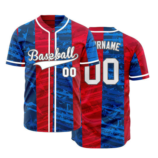 Custom Blue Red Vertical Lines Half Baseball Jersey
