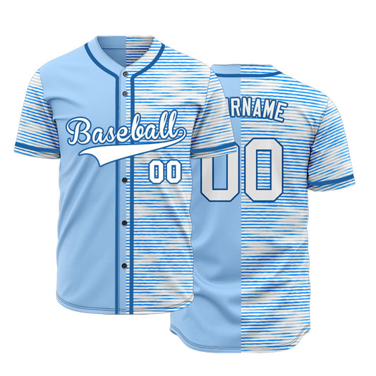 Custom Blue White Horizontal Line Half Baseball Jersey