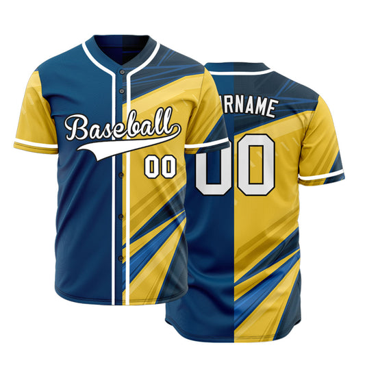 Custom Blue Yellow Twill Lines Half Baseball Jersey