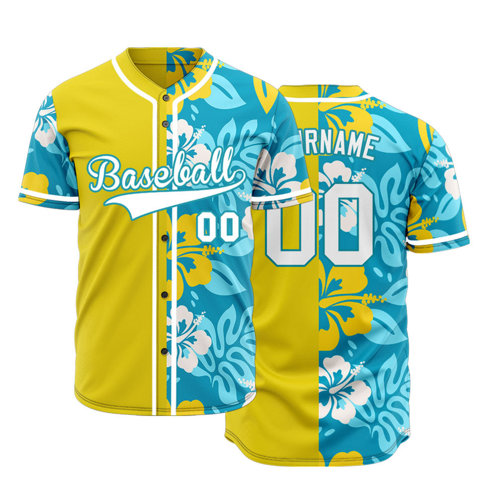 Custom Dark Blue Flower Half Yellow Baseball Jersey