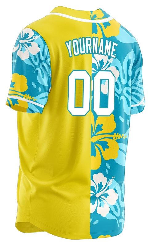 Custom Dark Blue Flower Half Yellow Baseball Jersey