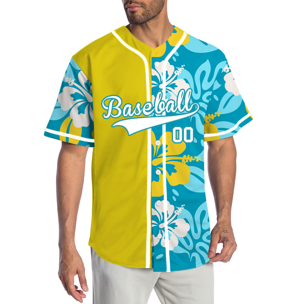Custom Dark Blue Flower Half Yellow Baseball Jersey