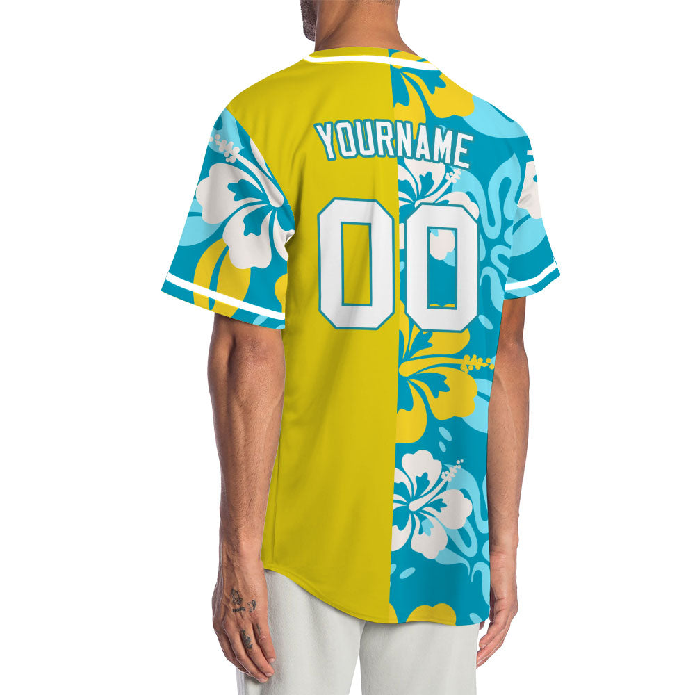 Custom Dark Blue Flower Half Yellow Baseball Jersey