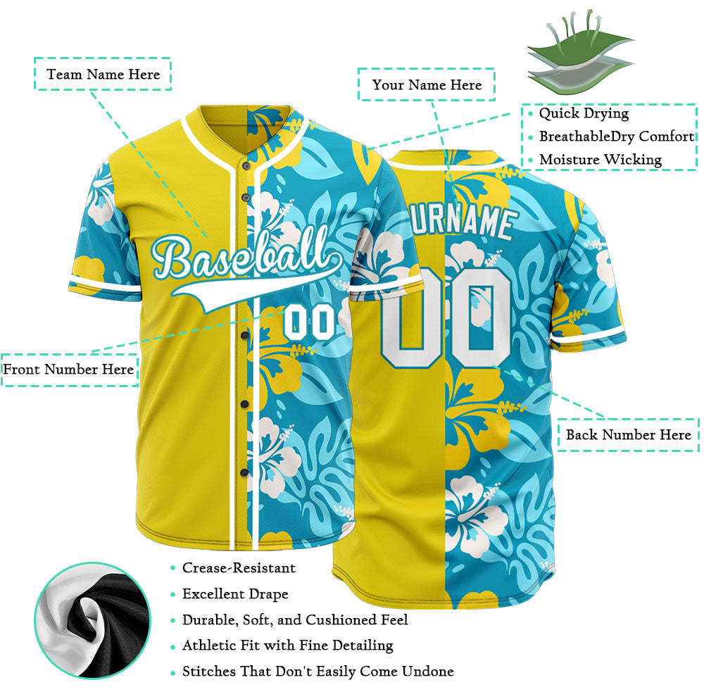 Custom Dark Blue Flower Half Yellow Baseball Jersey