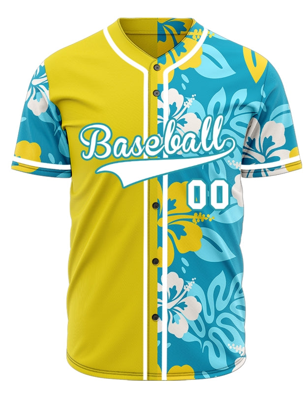Custom Dark Blue Flower Half Yellow Baseball Jersey