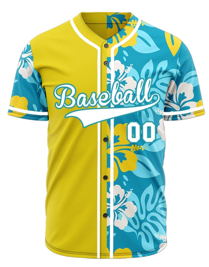 Custom Dark Blue Flower Half Yellow Baseball Jersey
