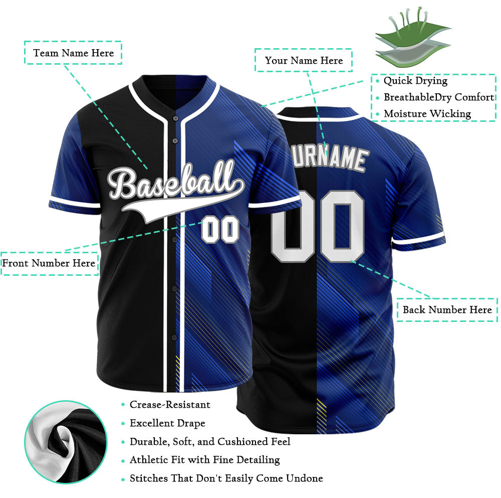 Custom Dark Blue Gold Lines Half Baseball Jersey